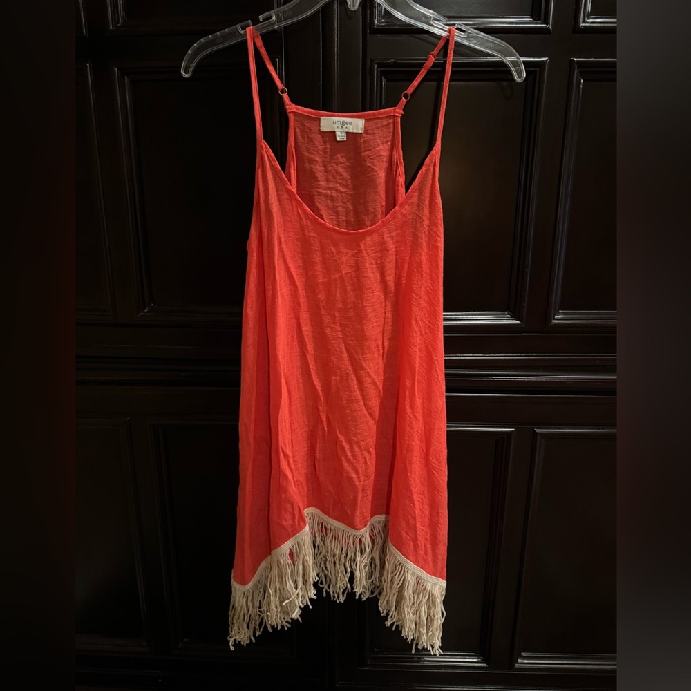 Umgee Coral Fringe Hem Spaghetti Strap Swimsuit Cover